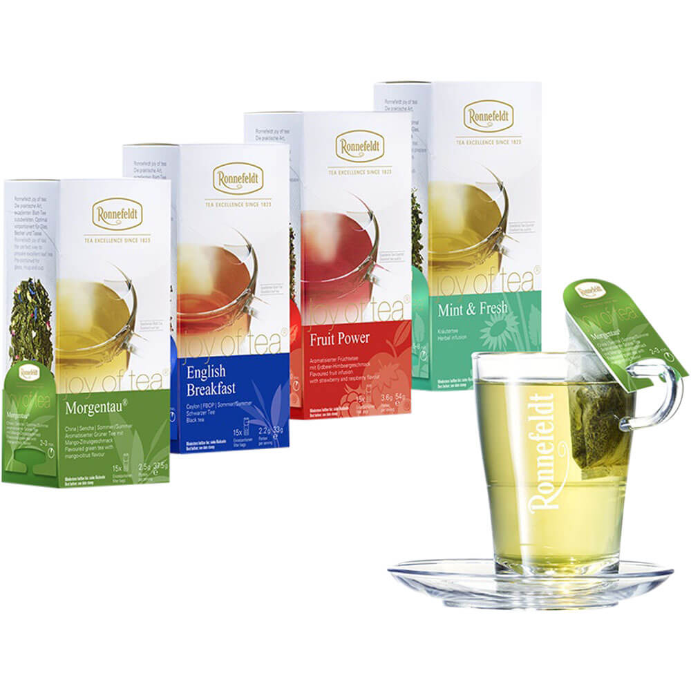 Ronnefeldt Joy of Tea Probierpaket mit Morgentau, English Breakfast, Fruit Power und Mint & Fresh sowie Teeglas mit Untertasse