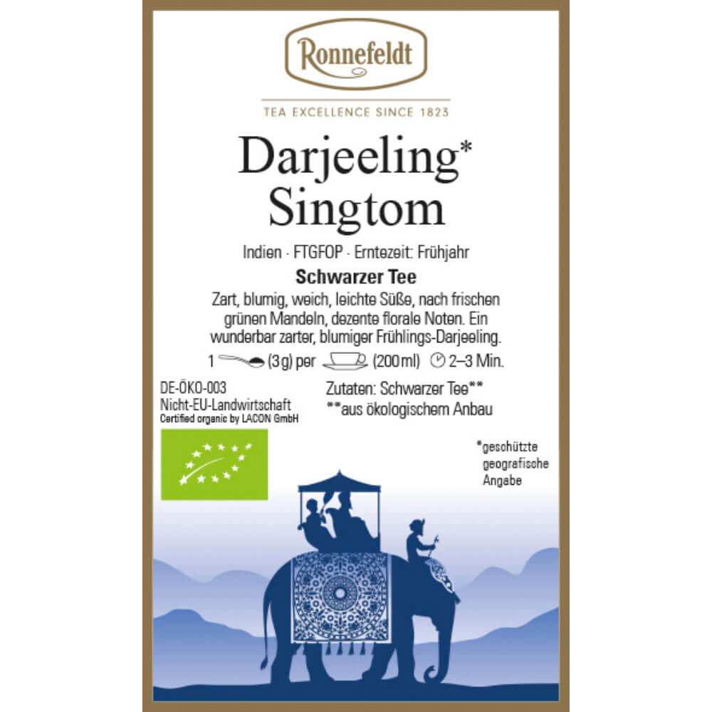 Etikett von Ronnefeldt Darjeeling Singtom Bio mit Angaben zu Herkunft Indien, Frühjahrsernte und blumigem First Flush Charakter