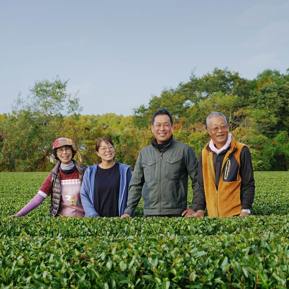 Familien Morimoto und Kamimizu gemeinsam im Bio-Teegarten in Miyazaki, Japan