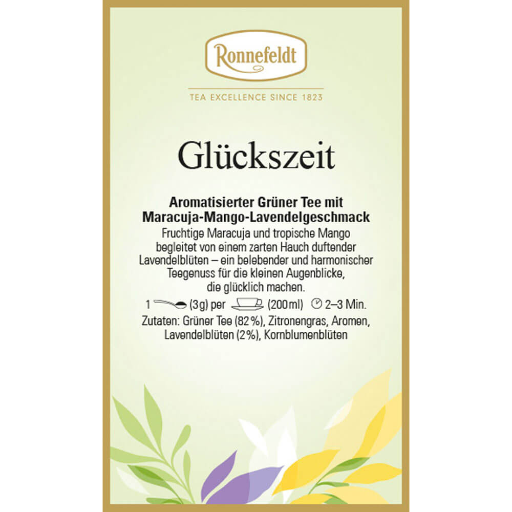 Etikett Ronnefeldt Grüntee Glückszeit – aromatisierter grüner Tee mit Maracuja-Mango-Lavendelgeschmack