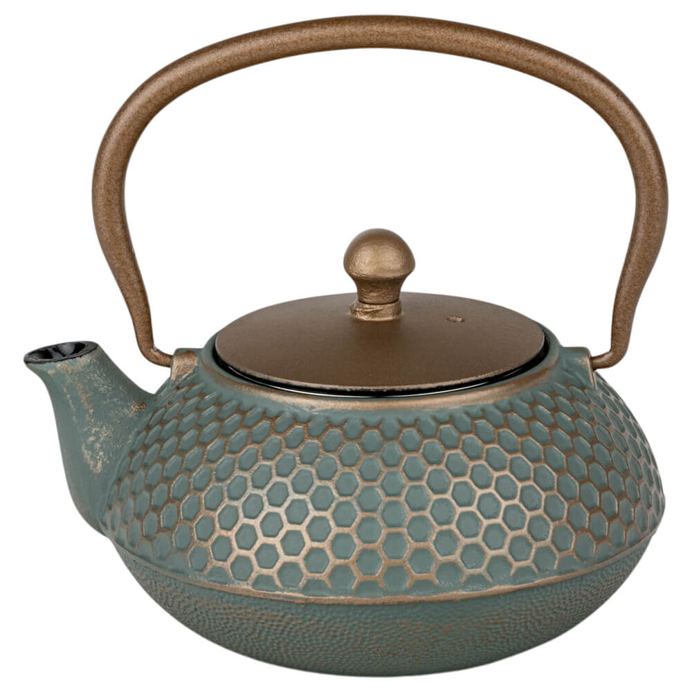 Gusseiserne Teekanne Jiangxi 0,7 L in Blau mit Wabenmuster und Henkel#eisenkanne-aus-china_blau