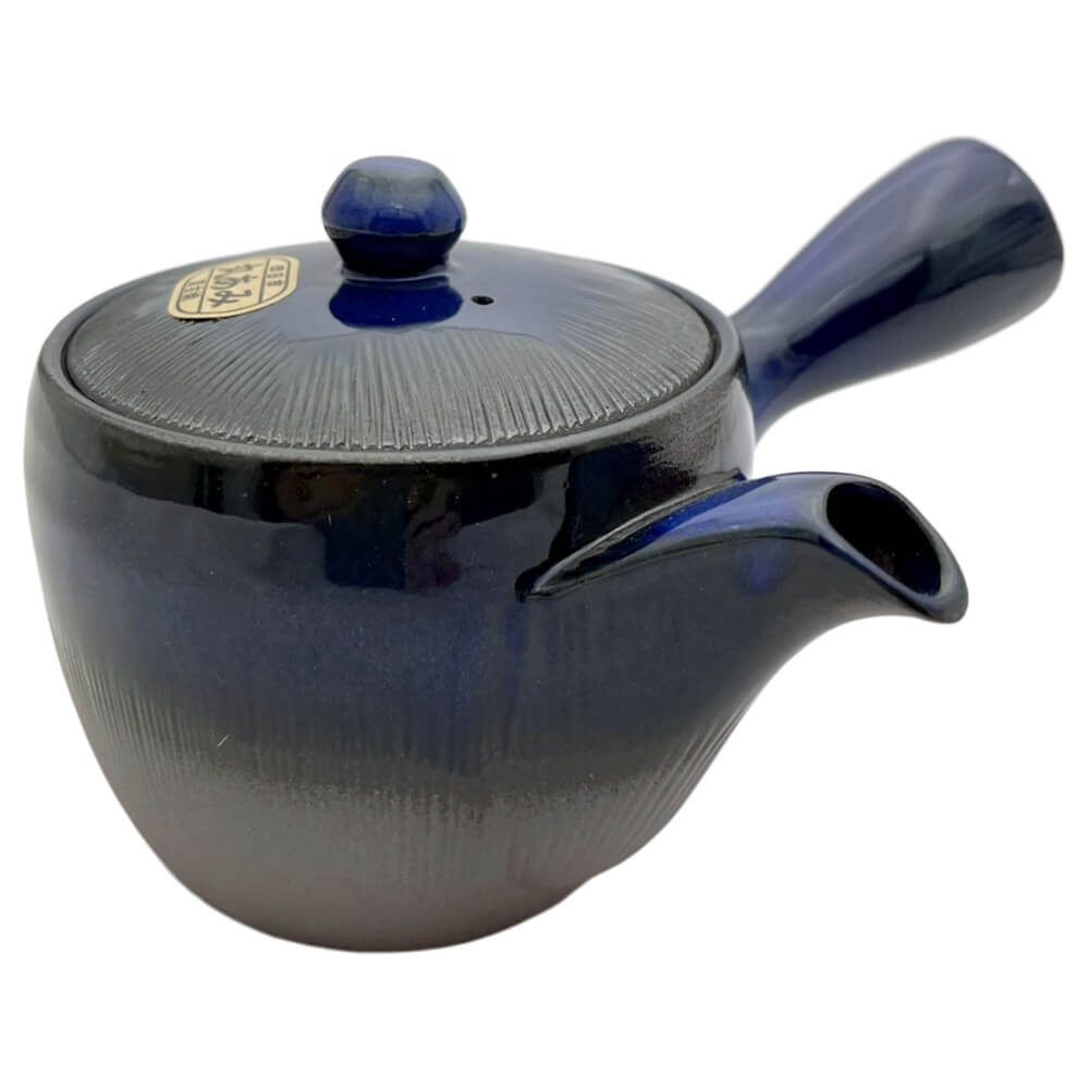 Kyusu Iwaki mit Streifen blau Seitenansicht 1#einhandkanne_blau