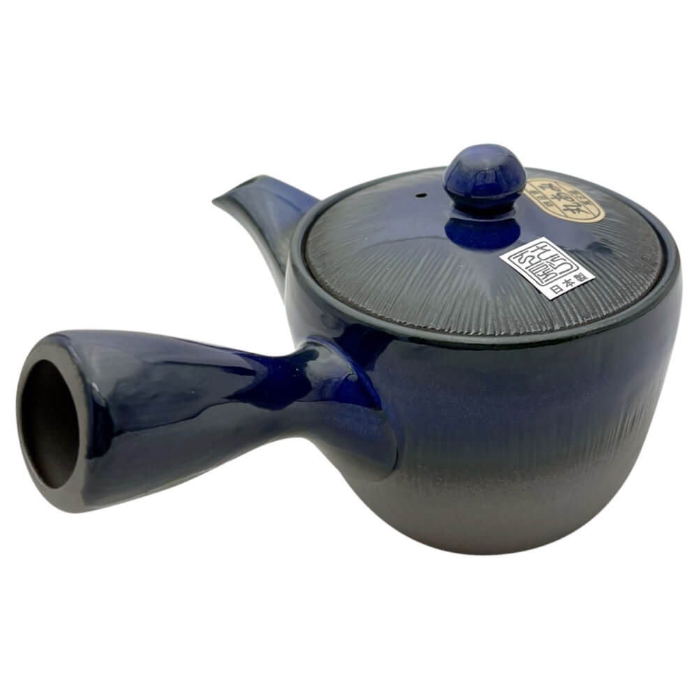 Kyusu Iwaki mit Streifen blau Seitenansicht 2#einhandkanne_blau