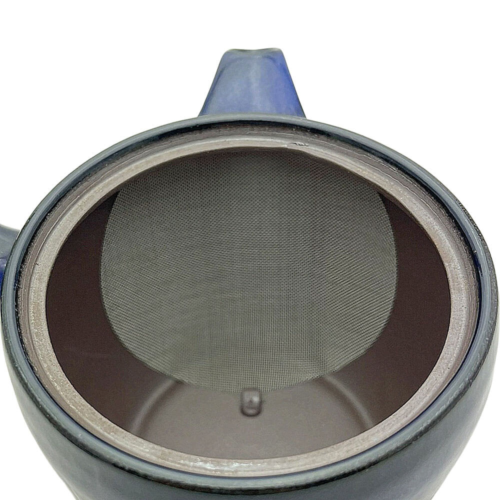 Kyusu Iwaki mit Streifen blau Edelstahlsieb#einhandkanne_blau