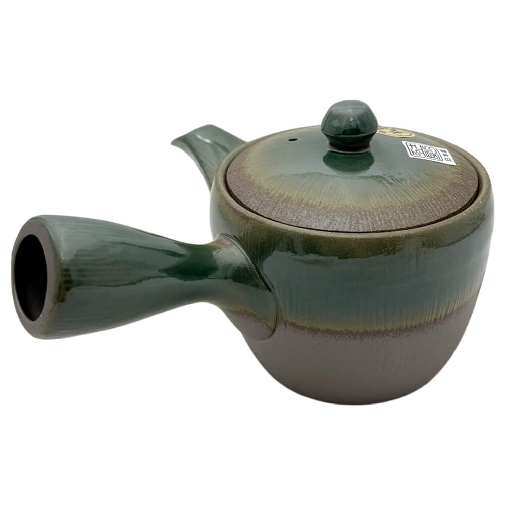 Kyusu Iwaki mit Streifengrün  Seitenansicht 2#einhandkanne_gruen