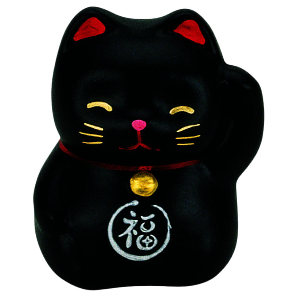 Schwarze Keramik-Glückskatze (Maneki Neko) mit goldener Glocke und dem Schriftzeichen ‚Glück‘ auf dem Bauch#winkekatze_maneki-neko-schwarz