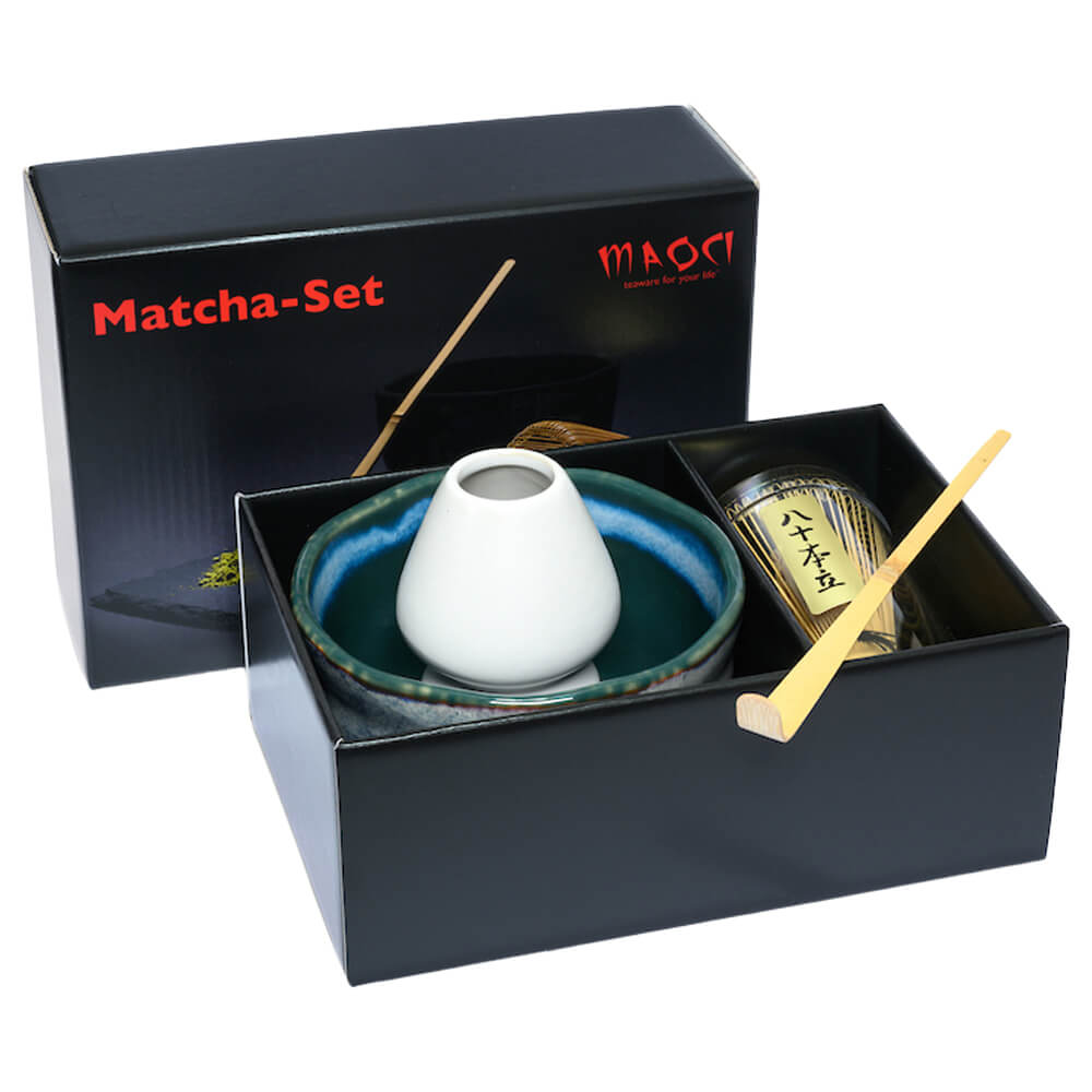 Premium Matchaset vierteilig Schale hellblau gesprenkelt#variante_schale-hellblau-gesprenkelt