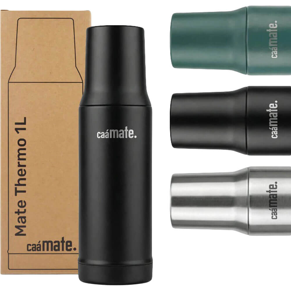 Caámate Mate Thermoskanne in Schwarz mit Verpackung und Farbvarianten Grün, Schwarz und Edelstahl matt#thermoskanne_1000ml-schwarz