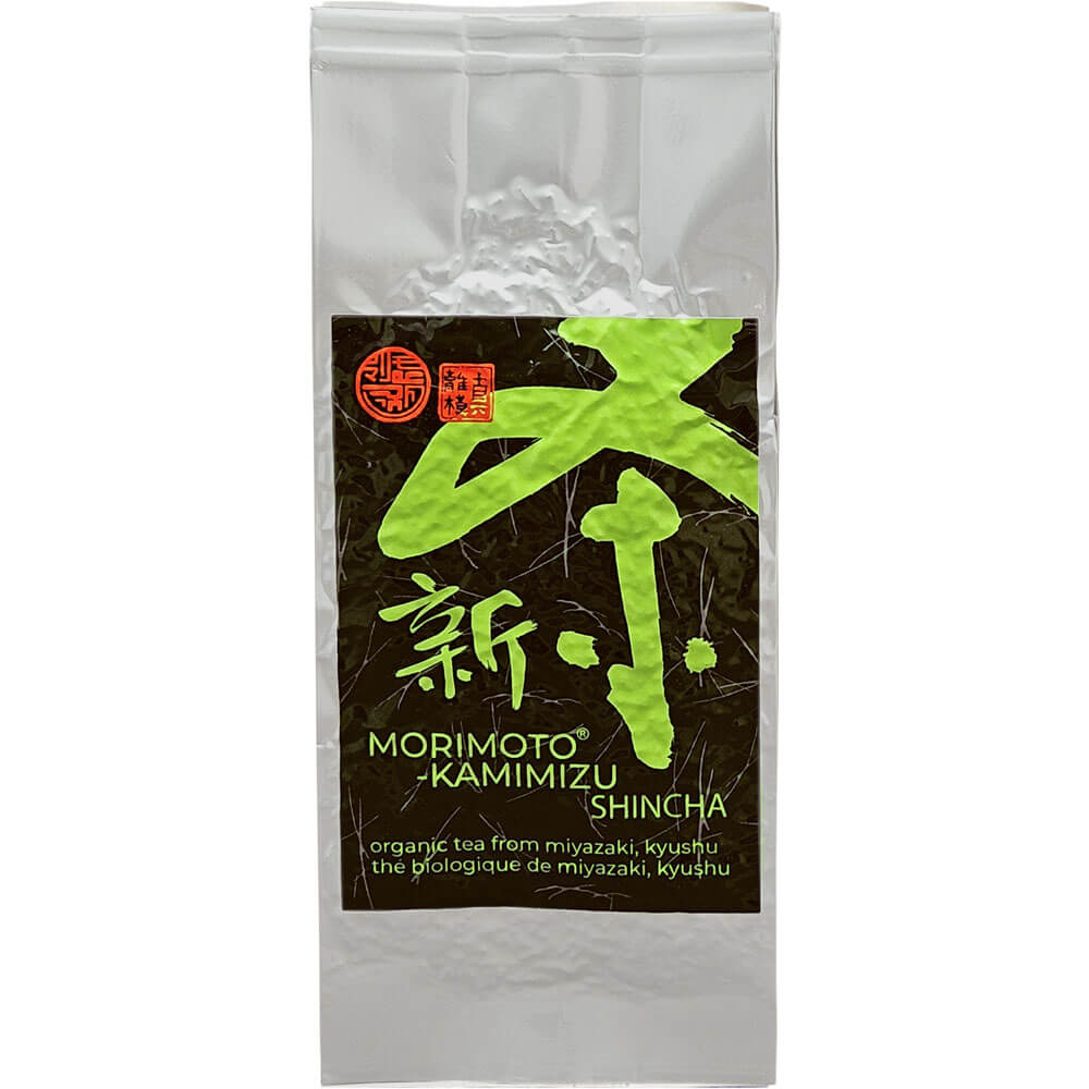 Morimoto-Kamimizu Shincha 2026 bio in silberner Aromaschutzverpackung mit grün-schwarzem Etikett