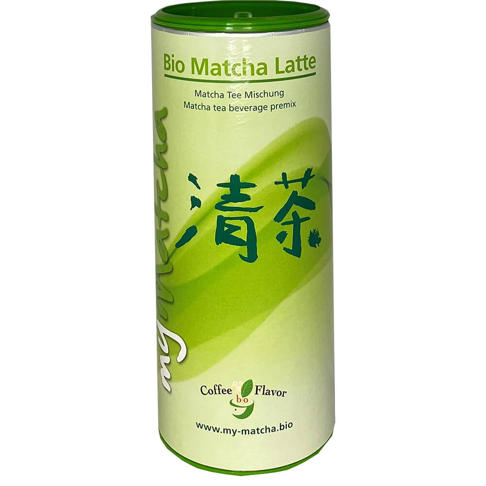 Bio Matcha Latte – Matcha-Tee-Mischung mit Rohrzucker in grüner Dose, ideal für die Zubereitung von Latte, Eistee oder Smoothies