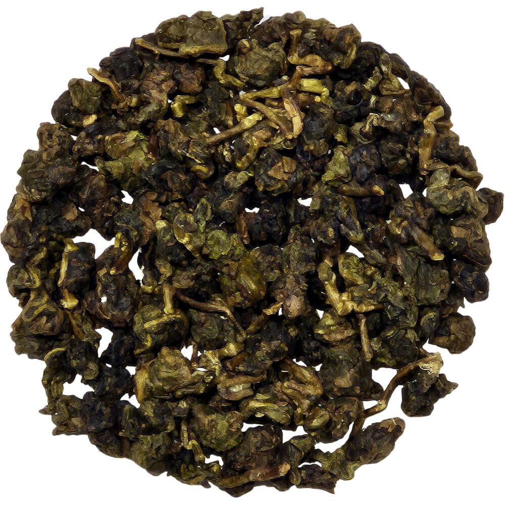 Lose gerollte Teeblätter des Oolong Buddhas Hand Alishan aus Taiwan mit dunkelgrünen und goldbraunen Nuancen