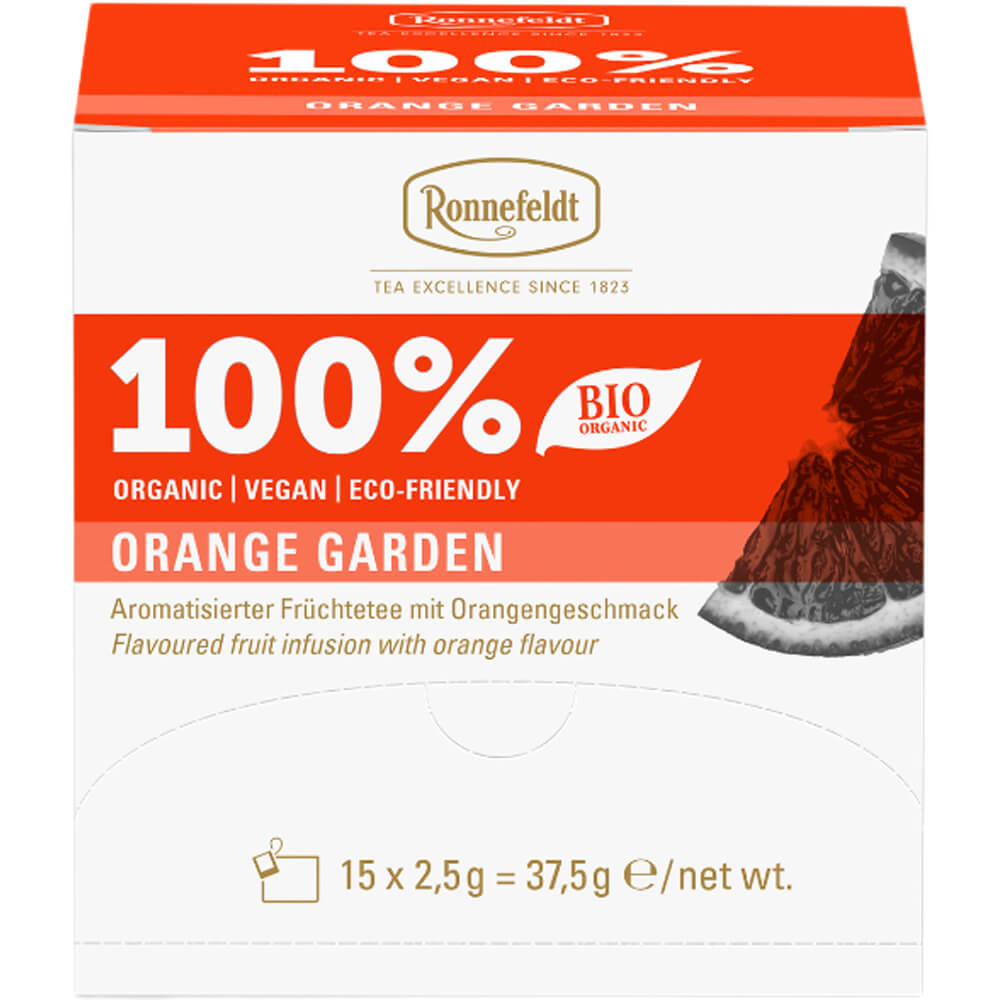 Orange-weiße Packung Ronnefeldt Premium Teebeutel Orange Garden bio mit 15 Portionen à 2,5 g