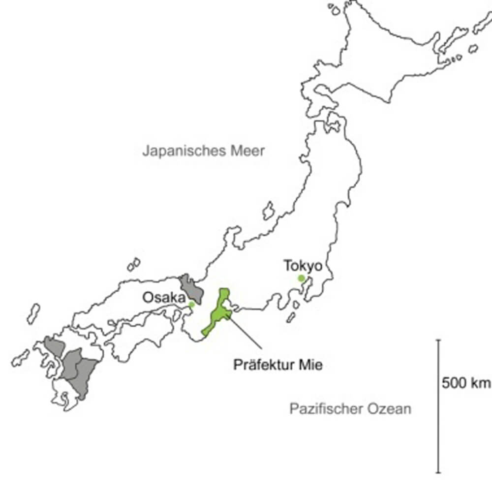 Karte von Japan mit markierter Präfektur Mie als Herkunft des Bio-Hojicha-Pulvers