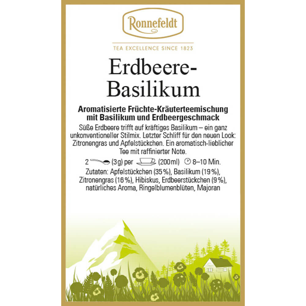 Früchte-Kräuterteemischung Erdbeere Basilikum  Etikett