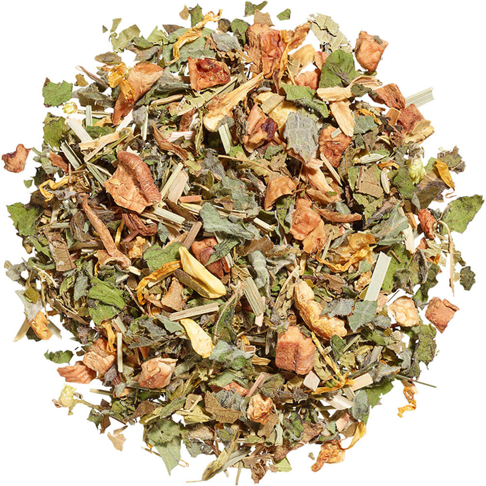 Aromatisierter Kräutertee Osternest mit Zitronengras, Apfelstückchen, Zitronenschale und Blüten – frühlingshafte Kräuterteemischung mit Zitrusnote