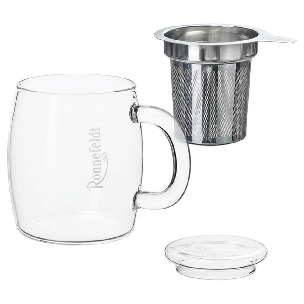 Ronnefeldt Teeglas mit Edelstahl-Sieb, Glasdeckel und Logo für losen Tee einzeln
