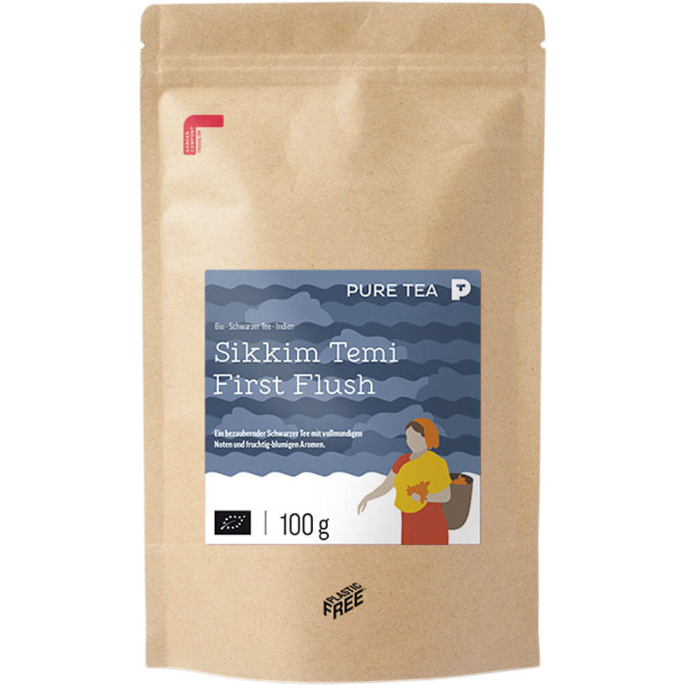 Verpackung des Sikkim Temi First Flush Bio-Schwarztees von Pure Tea mit 100 g Inhalt und plastikfreier Verpackung