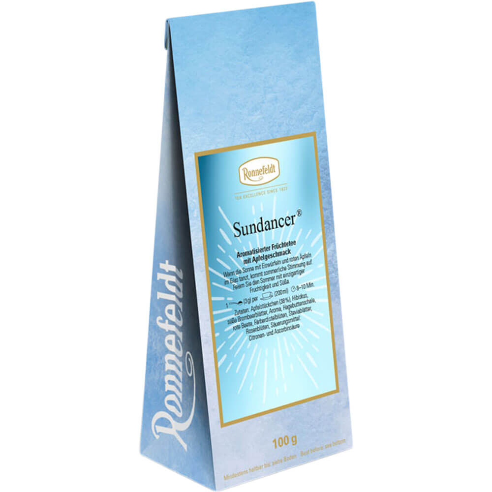 Ronnefeldt Sundancer® Früchtetee 100 g in hellblauer Verpackung – sommerlicher Früchtetee mit Apfel und Hibiskus