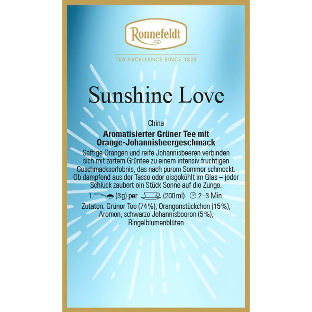 Etikett von Ronnefeldt Sunshine Love aromatisierter Grüner Tee mit Orange-Johannisbeergeschmack