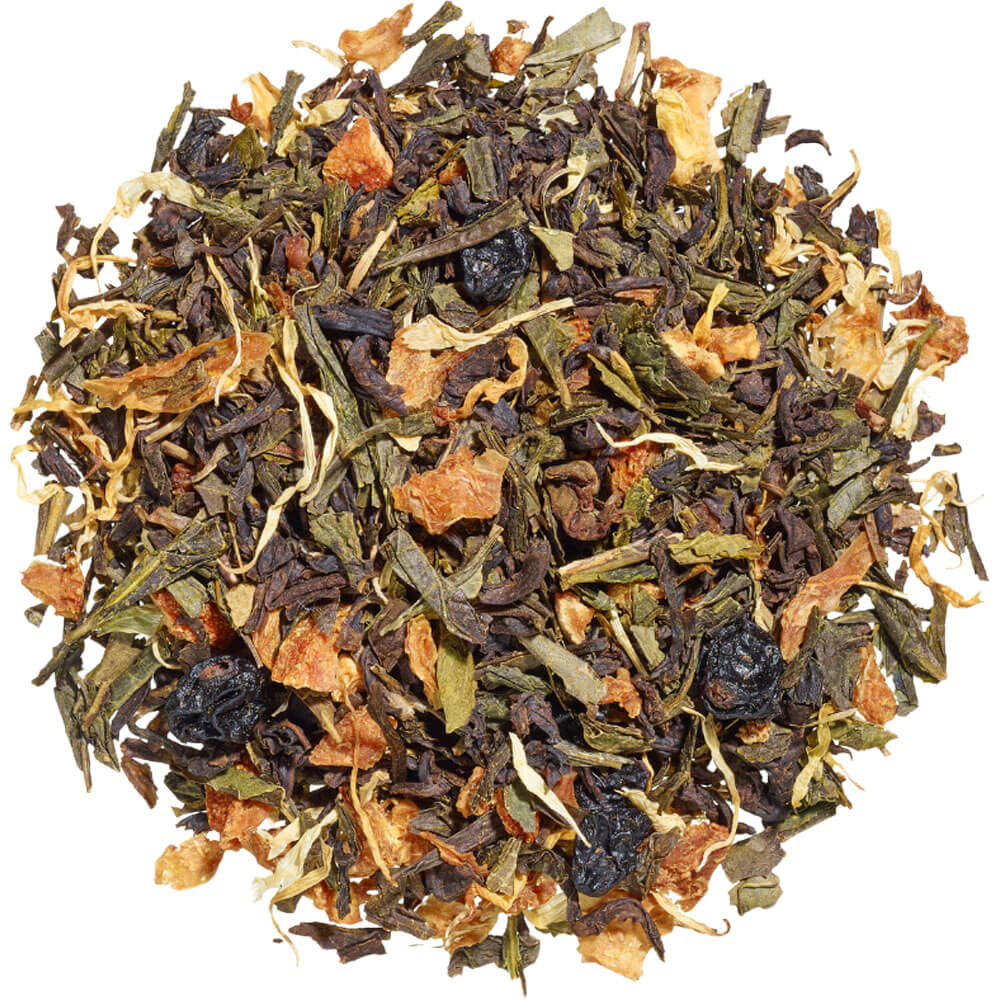 Lose Teemischung Sunshine Love mit grünem Tee, Orangenstückchen und schwarzen Johannisbeeren