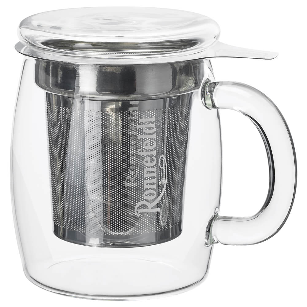 Ronnefeldt Teeglas mit Edelstahl-Sieb, Glasdeckel und Logo für losen Tee
