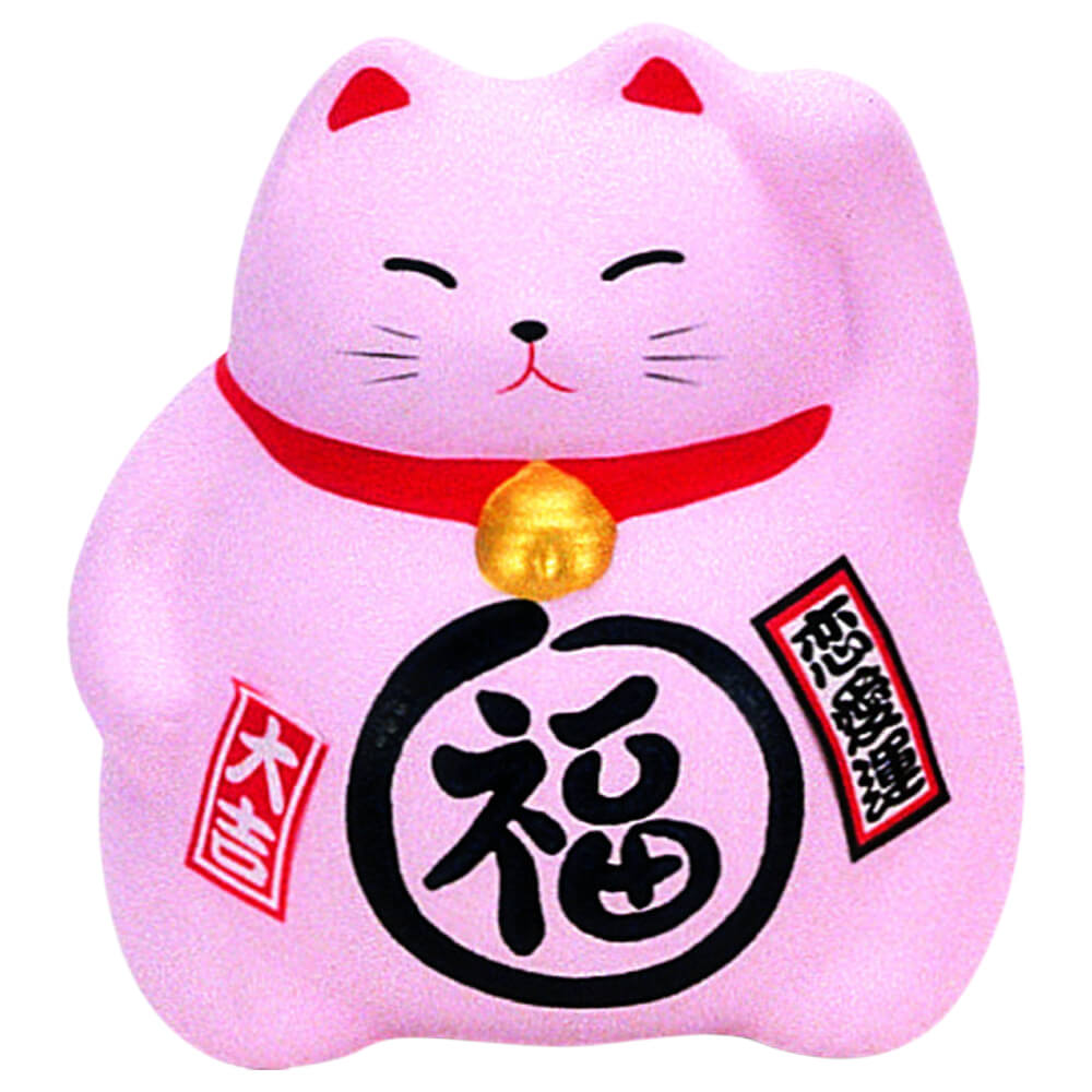 Rosa Maneki-Neko Spardose aus Keramik, 9 cm hoch, mit goldener Glocke, schwarzem Glückszeichen und roten japanischen Schriftzeichen – symbolträchtige Glückskatze für Liebe und Wohlstand#winkekatze_maneki-neko-pink-spardose