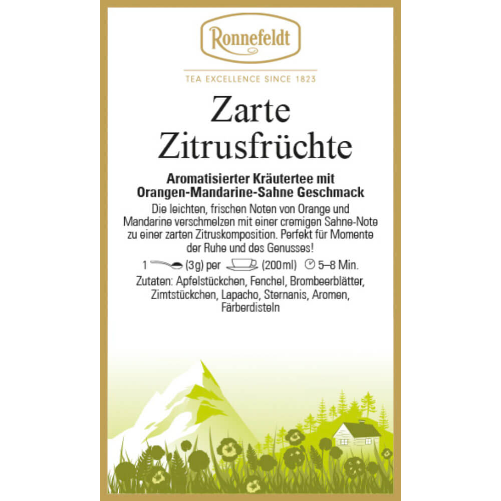 Aromatisierter Kräutertee Zarte Zitrusfrüchte mit Orangen-Mandarine-Sahne Geschmack Etikett