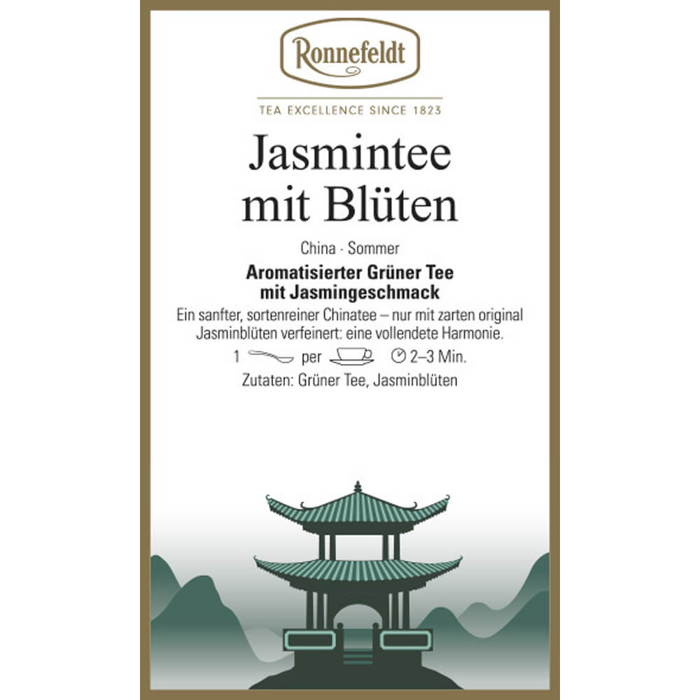 Jasmintee mit Blüten Etikett