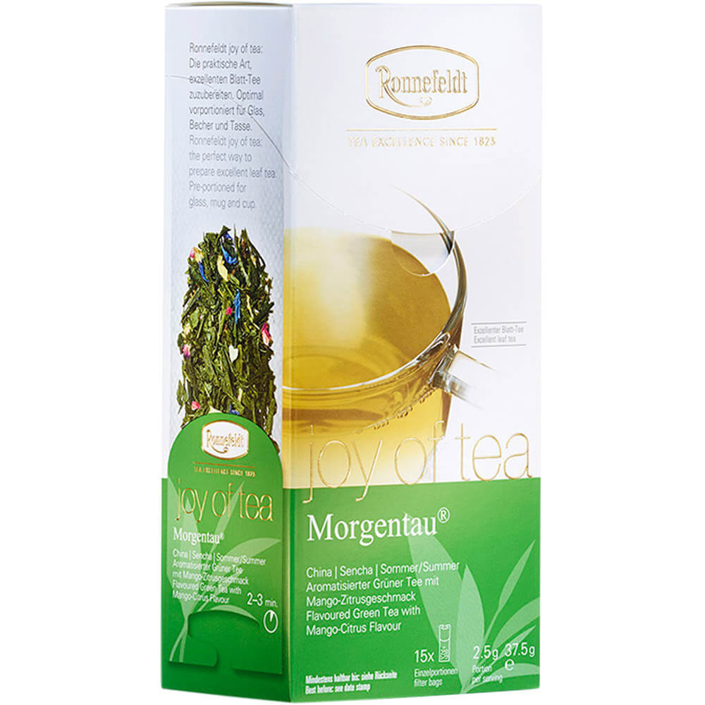 Freigestellte Packung des Ronnefeldt Joy of Tea Morgentau® – hochwertiger grüner Tee mit fruchtigem Mango-Zitrusaroma, 15 Portionen à 2,5 g