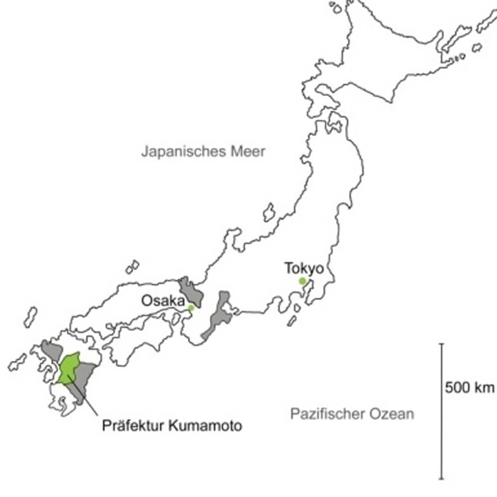 Karte von Japan mit markierter Präfektur Kumamoto – Herkunftsregion des Sakura No Shincha Moe auf Kyushu