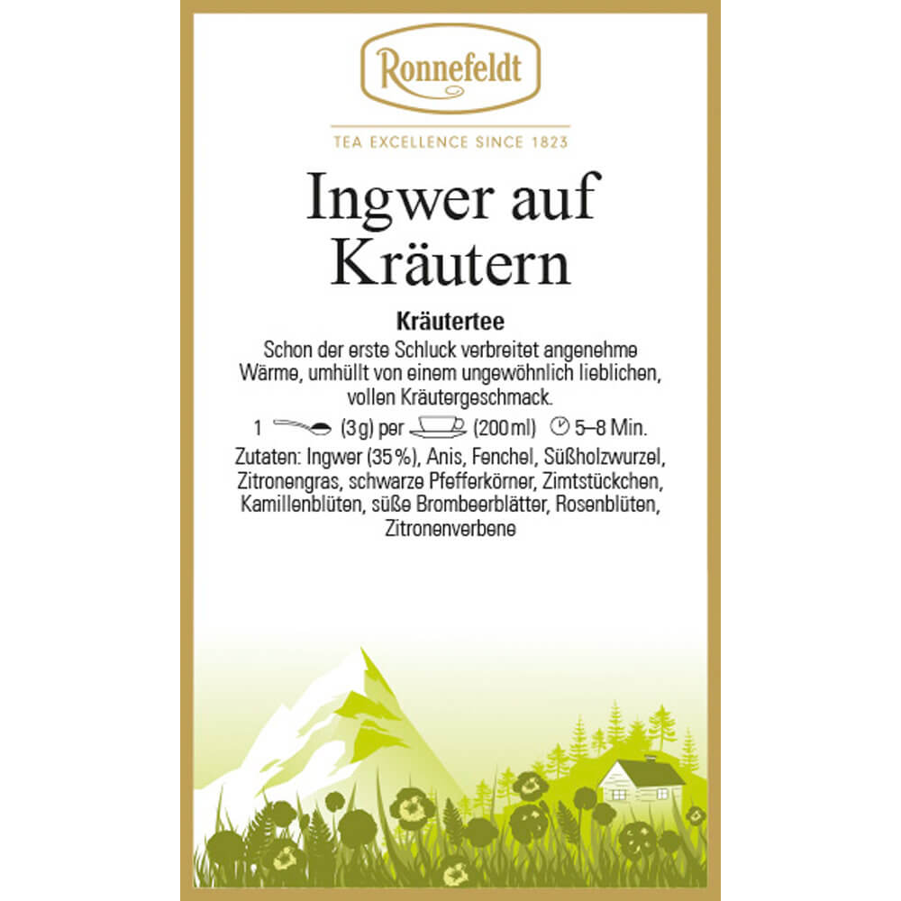 Kräutertee Ingwer auf Kräutern Etikett