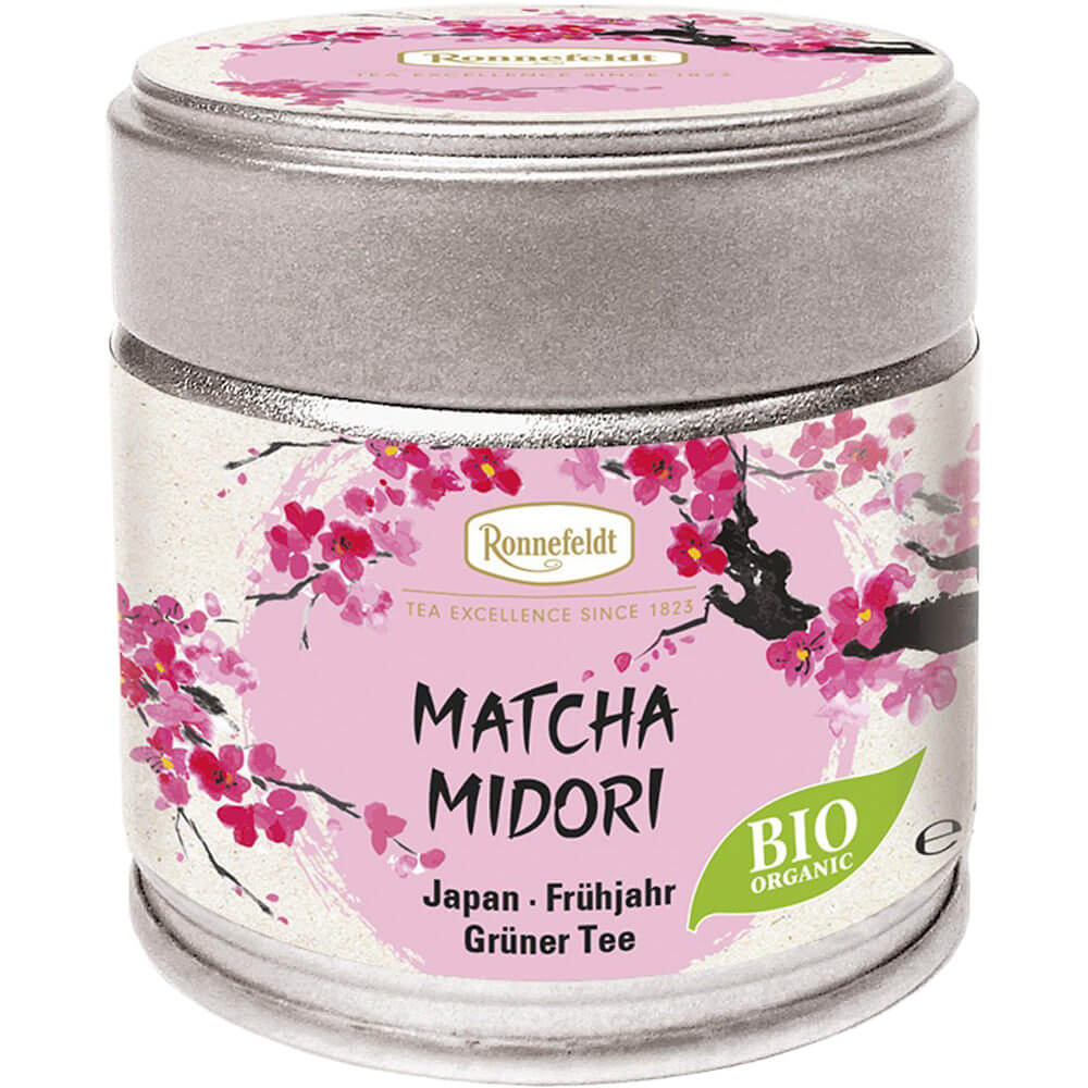 Ronnefeldt Matcha Midori Bio – japanischer Grüntee in Frühlingsqualität, dekorative Teedose mit Kirschblütenmotiv