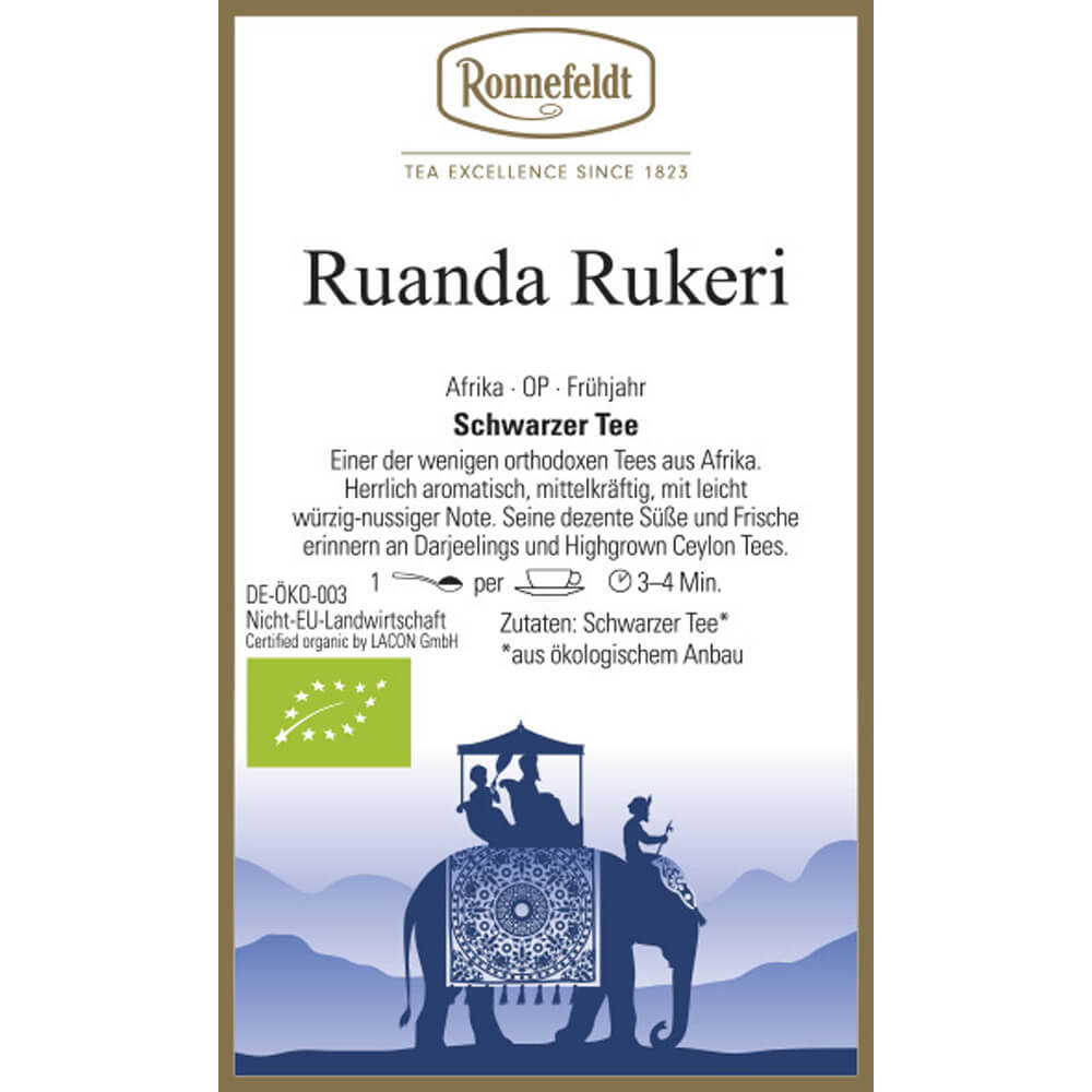 Ronnefeldt Schwarztee Ruanda Rukeri bio Etikett