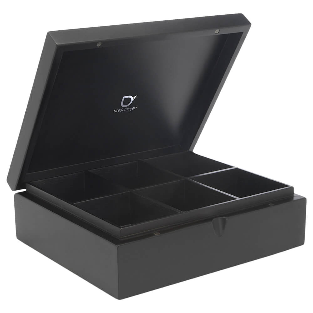 Teebeutelbox 6 Fächer Bambus schwarz offen#box_bambus-schwarz