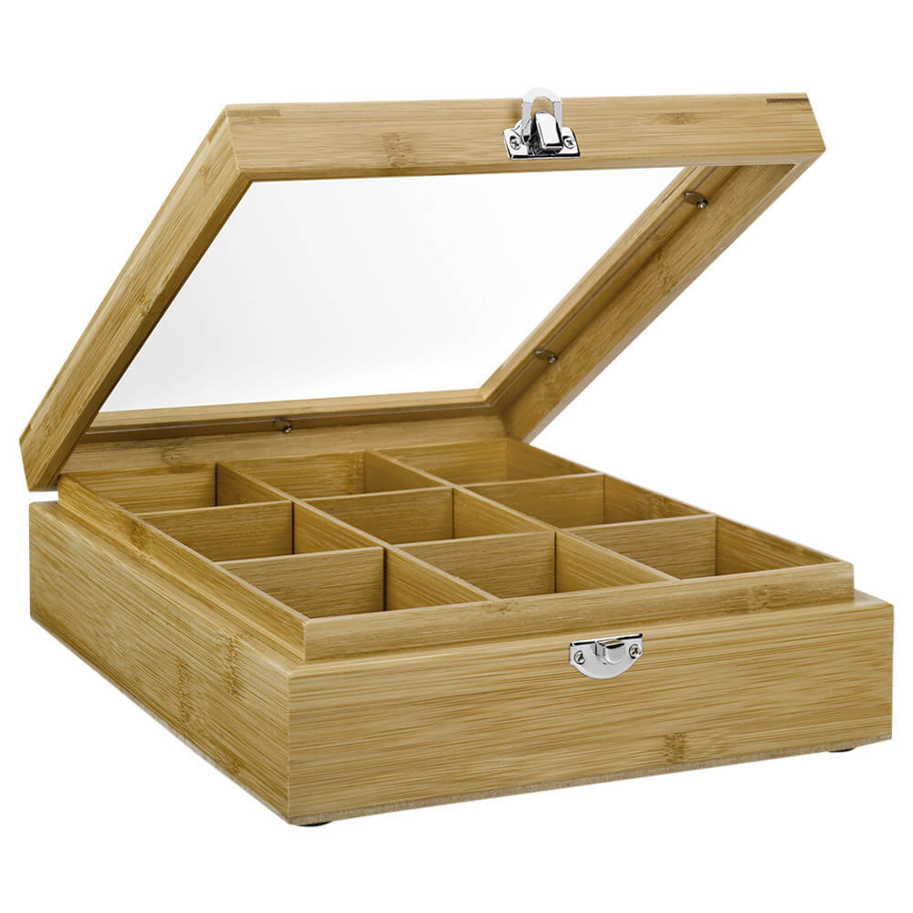 Teebeutel Box 9 Fächer mit Fenster offen#box_bambus-natur