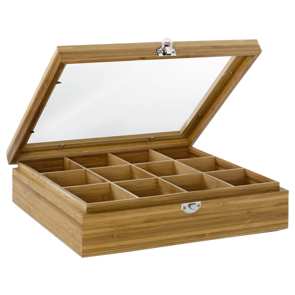 Teebeutel Box 12 Fächer mit Fenster offen#box_bambus-natur