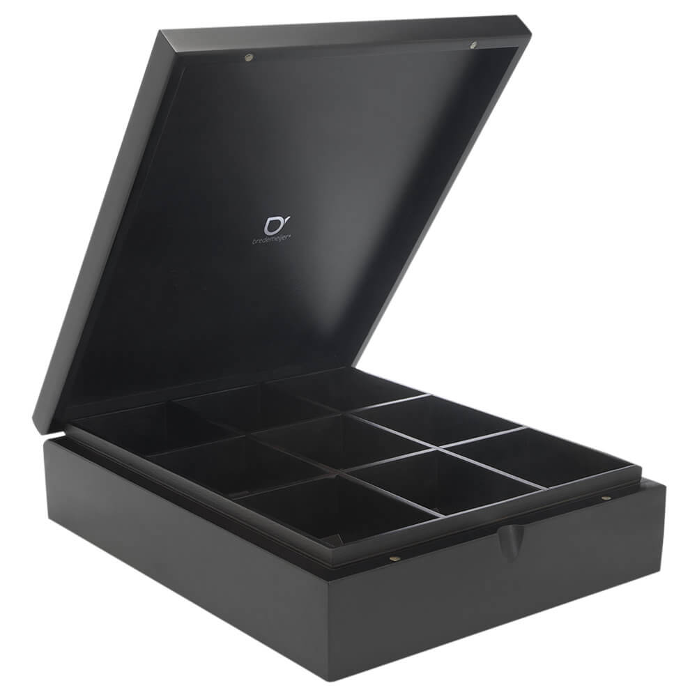 Teebeutel Kiste 9 Fächer Bambus schwarz offen#box_bambus-schwarz