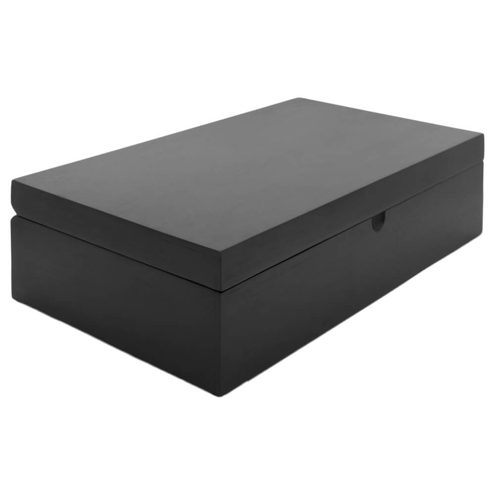 schwarze Teekiste mit sechs Dosen und Teemaßlöffel geschlossen#box_bambus-schwarz