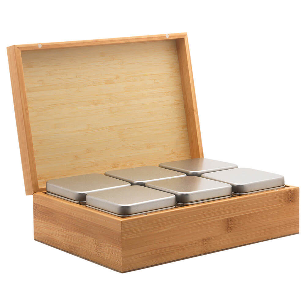 Bambus Teekiste mit sechs Teedosen offen#box_bambus-natur
